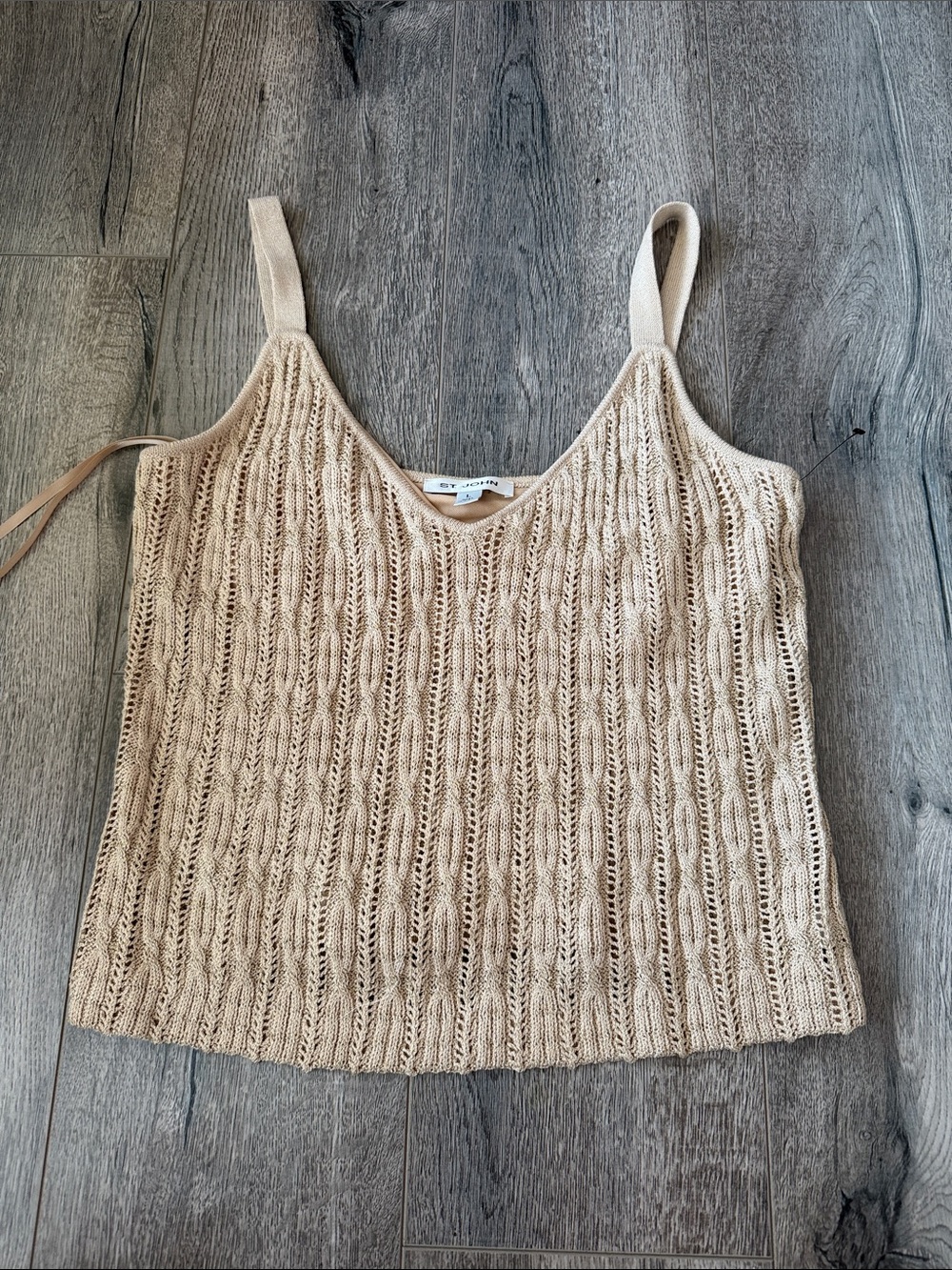 St. John Neutral Beige Open-Knit V-Neck Crop Tank
